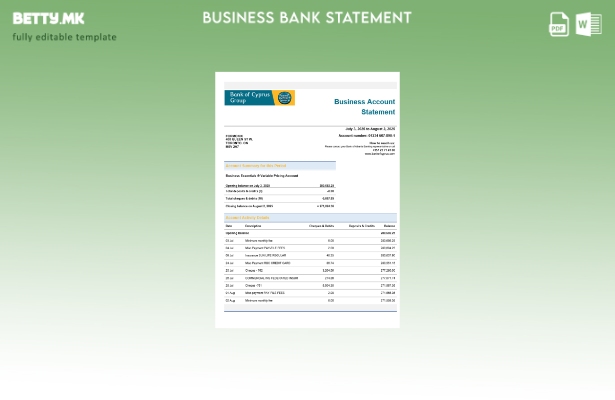 Модерен стил Извод на сметка на фирмата на Банката на Кипар Шаблон за формат Wor